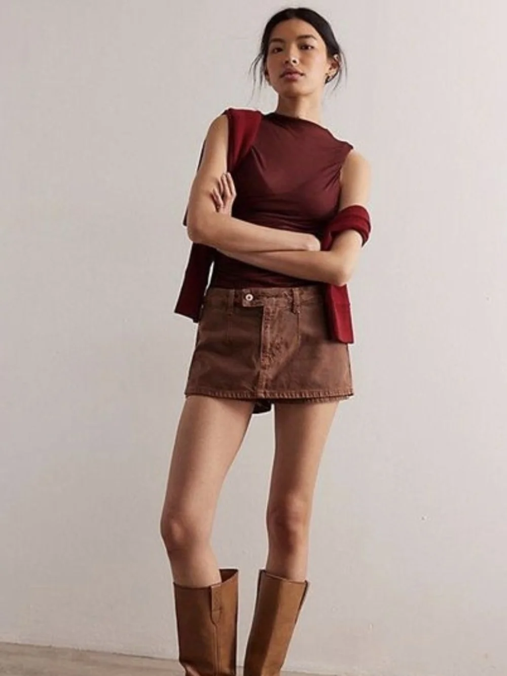 Free People Chestnut Brown Denim Mini Skort